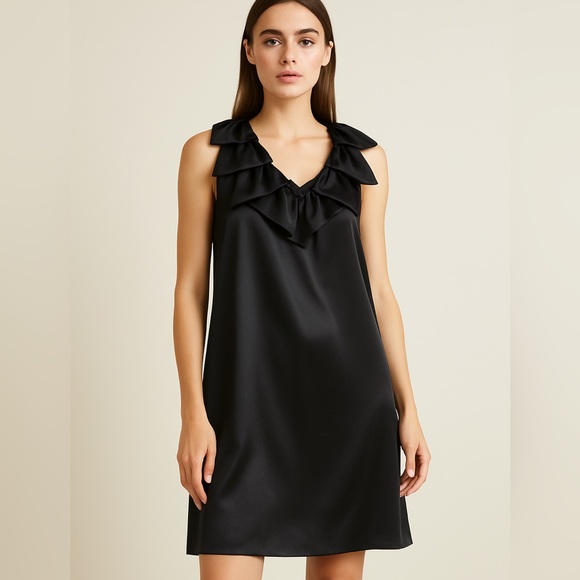 Poleci Dresses & Skirts - Poleci Black 100% Silk Bow Ruffle Sheath Dress